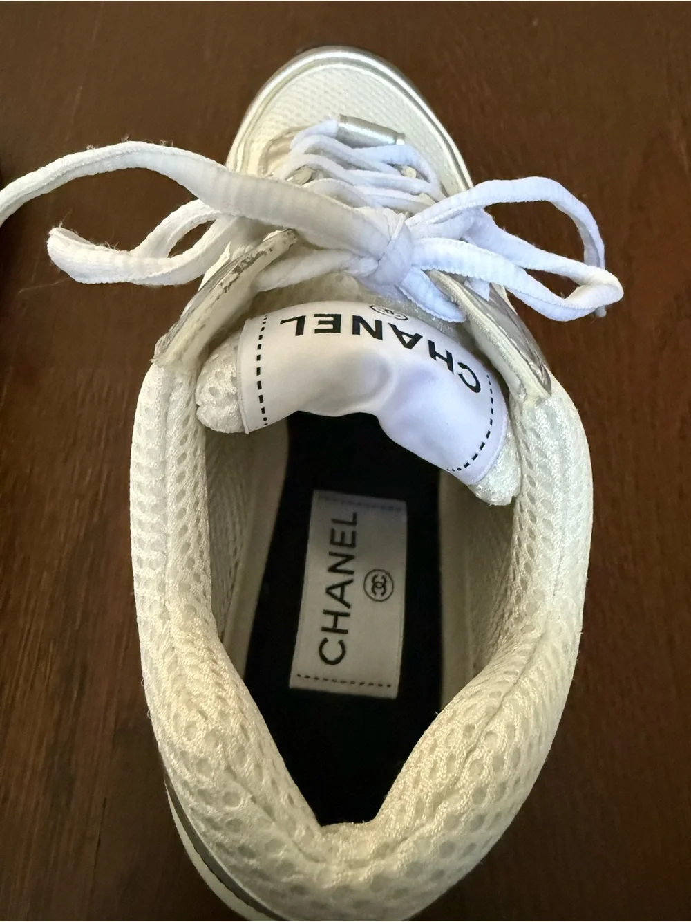 CHANEL White and Silver Metallic Leather Mesh Sneakers - Trainers - 37